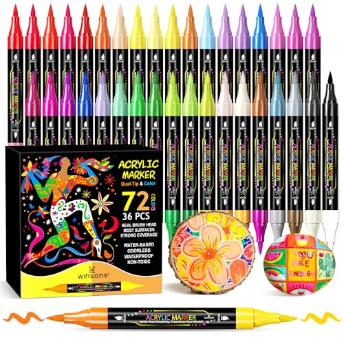 WINSONS 72 Colors Dual Tip Acrylic Paint Pens Markers, 36 Set Permanent Acrylic Paint Pens, Waterproof, Quick-Dry, Ideal for Rock Painting, Canvas, Glass, Wood, Ceramic, DIY Crafts & Art Supplies - color: 72 Colors