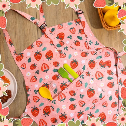 2 Pack Kids Apron, Cute Cooking Aprons, Waterproof Art Apron with Pockets, Toddler Painting Artist Apron Adjustable - color: Strawberry, size: 40*50cm