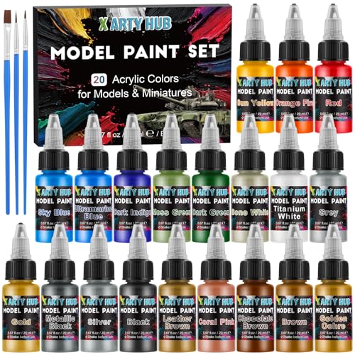 X ARTY HUB Model Paint Set - 20 Colors with 3 Brushes, Miniature Paints (Base/Skin Tones/Shadows/Metallics) for Airbrushing & Hand Painting, Acrylic Paint for Models, Miniatures & Wargaming Props - color: 20 Colors + 3 Brushes