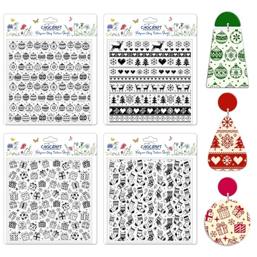 CHGCRAFT 4 Pcs Christmas Polymer Clay Texture Sheets Knitted Patterns Silicone Texture Stamp Snow Socks Clay Texture Mat Modeling Pattern Pad Sheets for Jewelry and Earrings Tools, 5.5x5.5 inch - style: Snow Socks