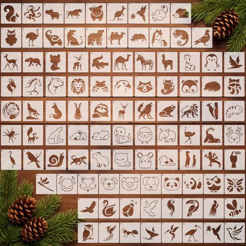 Fainne 100 Pcs Small Stencils for Crafts, 1.5 Inch Reusable Painting Stencils Painting Crafts Templates for Wood, Wall, Home Decor, Canvas, Fabric(Animals) - style: Animals