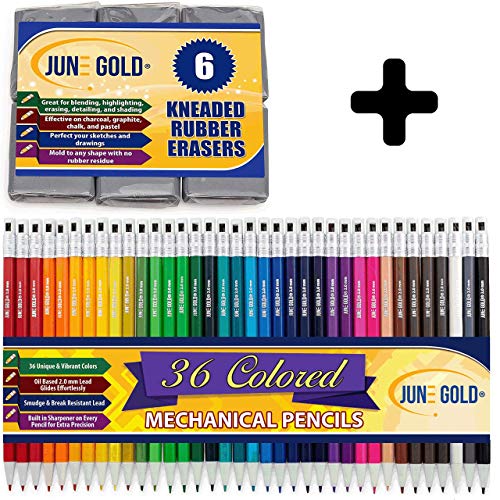 June Gold 36 Uniquely Colored 2.0 mm Mechanical Pencils and a 6 Pack of Gray Kneaded Rubber Erasers