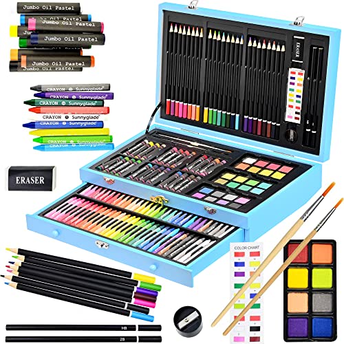 Sunnyglade 145 Piece Deluxe Art Set, Wooden Art Box & Drawing Kit with Crayons, Oil Pastels, Colored Pencils, Watercolor Cakes, Sketch Pencils, Paint Brush, Sharpener, Eraser, Color Chart (Blue) - color: Blue