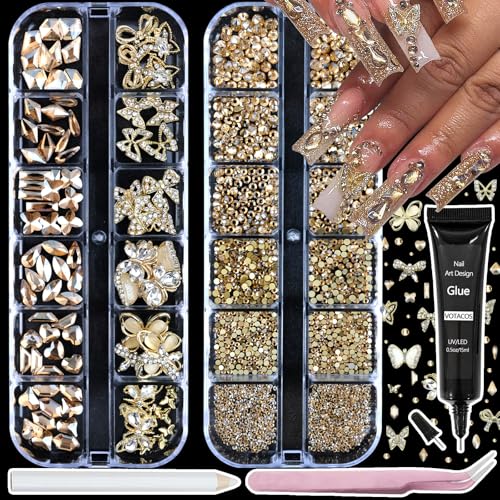 Nail Art Charms Rhinestones with Glue Gel Champagne Nail Rhinestones Supplies Accessories Gold Butterfly Multi Shape Crystal AB Rhinestone Nails Gems Jewelry for Women Nails Design - color: Colorful-25