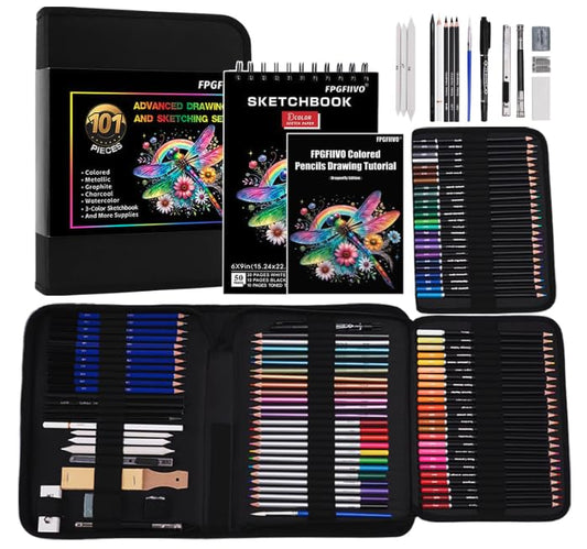 Drawing Sketching Set, 101 Pcs Sketch Art Set, Art Supplies with 3-Color Sketchbook and Tutorial, Colored, Watercolor, Metallic, Graphite, Charcoal Pencils, Gifts for Artists Kids Teens Beginner