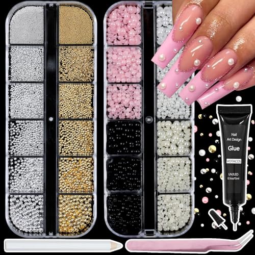 Nail Art Pearls with Rhinestones Glue Gel Flatback Pearls Nail Charms Luxurious Nails Supplies Accessories Gold Silver Gems Jewelry Colorful Pearl for Women Nails Design(4 Colors) - color: Colorful-02