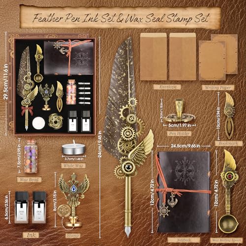 Quill Pen and Ink Set,Calligraphy Pen Set for beginners,Feather Pen Set with Leather Notebook,Pen Holder,5 Replaceable Nibs,Bookmark,Letter Writing Kit & Wax Seal Stamp Kit-Calligraphy Pens Gift Set