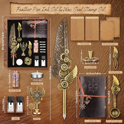 Quill Pen and Ink Set,Calligraphy Pen Set for beginners,Feather Pen Set with Leather Notebook,Pen Holder,5 Replaceable Nibs,Bookmark,Letter Writing Kit & Wax Seal Stamp Kit-Calligraphy Pens Gift Set