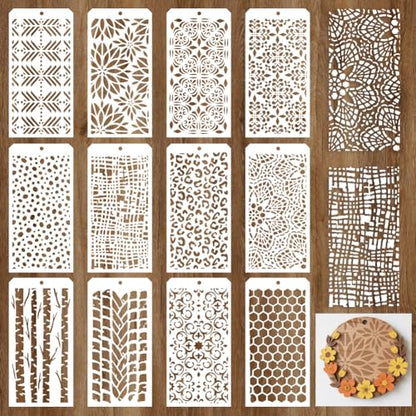 12 Sheets Texture Painting Stencils, 12 Styles Geometric Honeycomb Brick Leopard Flower Grain Layering Templates Reusable Border Stencil for Painting on Wall Wood Home Decor - style: Texture