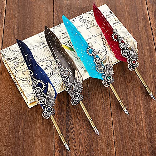 NC Feather Quill Pen Set - Includes 5 Ink Bottles, 6 Nibs, Mechanical Quill Pen for Calligraphy, Writing Letters, Signing, Invitations Etc (Grey) - color: Grey