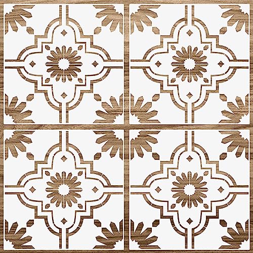 Zonon 4 Pcs 12 x 12 Inches Reusable Tile Stencil for Painting Large Pattern Floor Wall Templates Flower Damask Talavera Moroccan Mehndi for DIY Crafts Concrete Plaster Decor(Trendy Style) - size: 12 x 12 Inches, style: Trendy Style