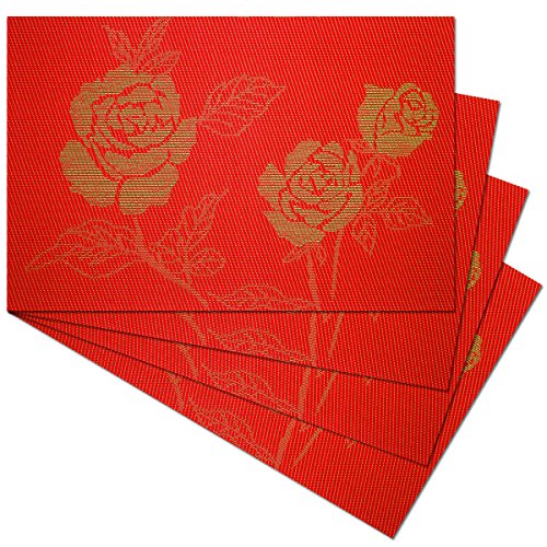 YOY Kitchen PVC Placemats - Dining Room Heat Insulation Stain-resistant Eat Mats for Table - Rectangle Washable Non-slip Decor Jacquard Woven Plastic Vinyl Floral Motif Place Mats, Set of 4, Red - color: Red, size: Set of 4