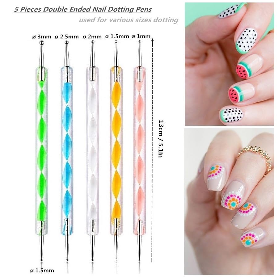 FULINJOY 21Pcs Nail Art Brushes Set, 1 Resin Nail Art Palette, 5 Nail Art Dotting Pens, 15 Nail Art Brushes, Nail Polish Mixing Palette Double-Ended Dotting Pen Nail Liner Brush Nail Drawing Brushes