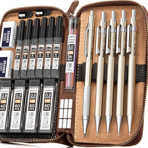 Nicpro 29PCS Metal Mechanical Pencil Set in Leather Case, 0.3 & 0.5 & 0.7 & 0.9 & 2mm Lead Pencil Holder, (6B 4B 2B HB 2H 4H) Lead Refills (Black & Colors), Erasers For Art Drafting Sketching Drawing - color: Gold, size: 1 Count (Pack of 5)