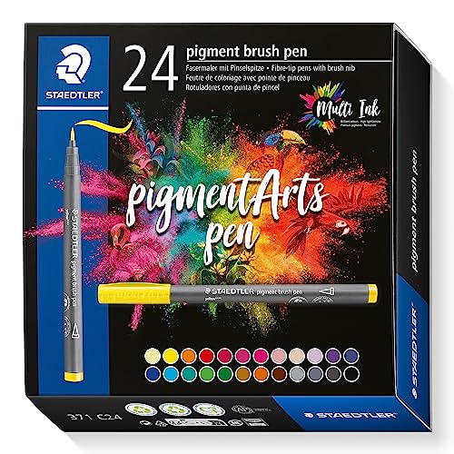 STAEDTLER Pigment Arts Multi Ink Brush Pens, 24 Pack Assorted Basic Colors: Brush Nib Markers for Hand Lettering, Journaling, Coloring & Back to School Art Supplies – Water-Based Blendable Pigment Ink - color: 24 Colors (Basic)