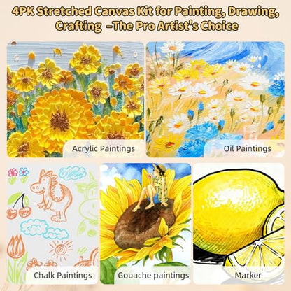 4-Pack 24x24 Square Stretched Canvas Cotton for Oil & Acrylic (60 x 60 cm) | 60x60cm, 380gsm 100% cotton, triple acid-free gesso, no bleed warp resistant, for oil, acrylic, mixed media - size: 4PK - 24"x24"