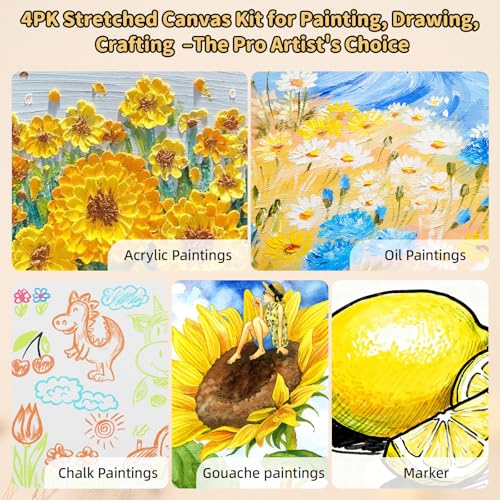 4-Pack 24x24 Square Stretched Canvas Cotton for Oil & Acrylic (60 x 60 cm) | 60x60cm, 380gsm 100% cotton, triple acid-free gesso, no bleed warp resistant, for oil, acrylic, mixed media - size: 4PK - 24"x24"