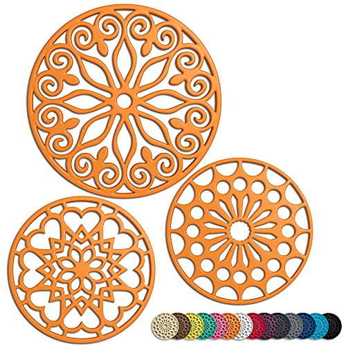 3 Set Silicone Trivet Mats With 1 Extra Large Included | Intricately Carved Insulated Flexible Durable Non Slip Thick Round Premium Trivets for Hot pots and pans | Orange - color: Orange