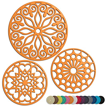 3 Set Silicone Trivet Mats With 1 Extra Large Included | Intricately Carved Insulated Flexible Durable Non Slip Thick Round Premium Trivets for Hot pots and pans | Orange - color: Orange