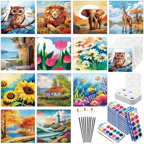 Ctosree 12 Sets Pre Drawn Canvas Kit for Painting Adults Sip and Paint Kit Art Pre Printed Canvas Bulk for Adult Date Night, Art Party & Holiday Gift(Mixed Style,8 x 8 in) - size: 8 x 8 in, style: Mixed Style