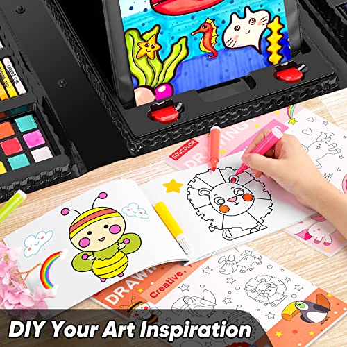 Soucolor Art Supplies, 283 Pieces Drawing Set Art Kits with Trifold Easel, 2 Drawing Pads, 1 Coloring Book, Crayons, Pastels, Arts and Crafts Gifts Case - color: Black