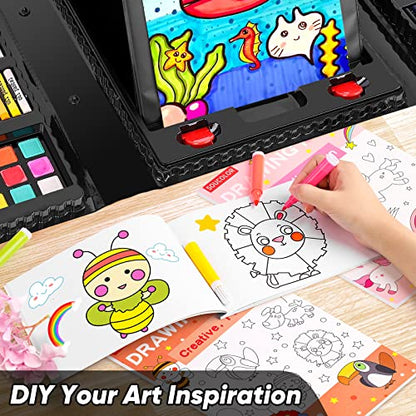 Soucolor Art Supplies, 283 Pieces Drawing Set Art Kits with Trifold Easel, 2 Drawing Pads, 1 Coloring Book, Crayons, Pastels, Arts and Crafts Gifts Case - color: Black