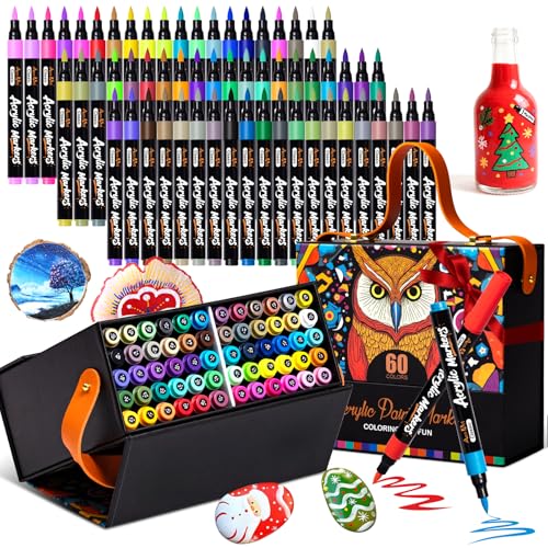Aen Art 60 Colors Brush Tip Acrylic Markers, Water-Based Acrylic Paint Pens for Glass, Stone, Fabric, Ceramic, Wood, Canvas, Rock Painting, Card Making and DIY Crafts - color: 60-Color