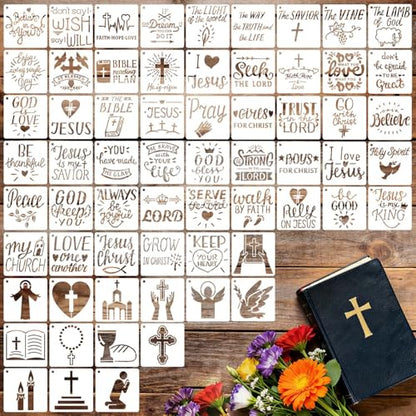 64 Pieces Small Bible Verse Stencils for Painting on Wood, 3 Inch Reusable Christian Stencil for Crafts, Plastic Motivational Quotes Word Template for Wall Rock Sign Canvas Home Decor(Bible) - style: Bible