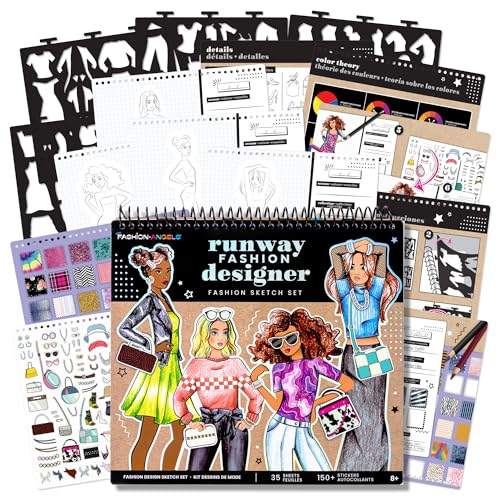 Fashion Angels Fashion Runway Design Portfolio Book | Includes 35 Sketch Sheets with 4 Stencil Pages & 150+ Stickers, Ideal for Kids Ages 8+ - color: Assorted