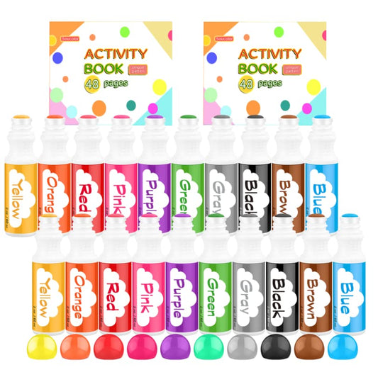 Soucolor 20-Pack 10 Colors Washable Bingo Paint Daubers Markers for Toddlers Kids Preschool, Dot Markers Set with 48 Pages Tearable Activity Book for Toddler Arts and Crafts Kits Supplies