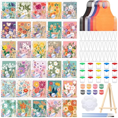 Sherr 285 Pcs 30 Sets Sip and Paint Kit for Adults, Pre Drawn Canvas Kit for Painting Acrylic Painting Favor Bulk for DIY Birthday Gifts Adult Date Night Party Suppliers(Colorful Flower) - style: Colorful Flower