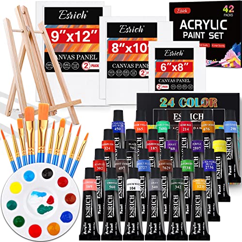 ESRICH Acrylic Paint Set, 42 PCS Paint Kit with Wood Easel, 24 Colors,10 Brushes, 6 Canvas, Painting Supplies Kit Artists, Adults and Kids - color: 24 Color, size: 9.74 Fluid Ounces (Pack of 1)