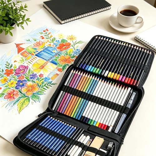 Smilo 76-Piece Professional Drawing Kit - Sketching Set with Graphite, Charcoal, Watercolor & Metallic Pencils, Art Knife, Sandpaper Block, Woodless Pencil in Travel Case for Adults & Beginners - style: 76pcs Art Supplies