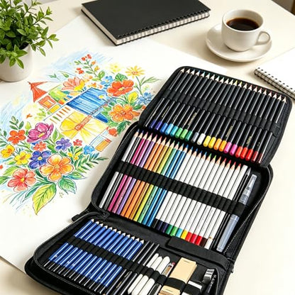 Smilo 76-Piece Professional Drawing Kit - Sketching Set with Graphite, Charcoal, Watercolor & Metallic Pencils, Art Knife, Sandpaper Block, Woodless Pencil in Travel Case for Adults & Beginners - style: 76pcs Art Supplies
