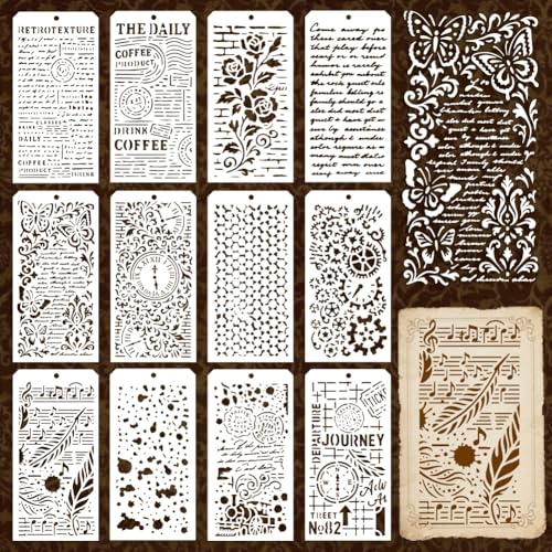 12 Sheets Retro Texture Stencils for Painting, 12 Styles Vintage Style Drawing Templates Reusable Irregular Pattern Art Templates for Painting on Wall Wood Home Decor - style: Vintage Style