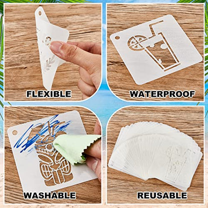 80 Pieces 3 x 3 Inch Summer Hawaii Themed Reusable Plastic Art Craft Kits for DIY Painting Art Projects Wood Wall Floor Fabric Furniture Tile Holiday Stencils Decorations Beach Stencils Craft Kits - style: Summer