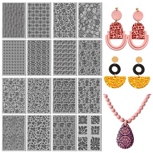 16 Pcs Floral Leaves Pattern Polymer Texture Clay Sheet Vintage Plants Patterns Rubber Texture Mat for Polymer Clay Making Earrings Jewelry DIY Crafts 4 × 2.5 Inch - style: Vintage Plants
