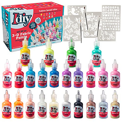24-Color 3D Fabric Paint Set for Clothes, Canvas & Glass - Permanent Puffy Paint (1oz Bottles) with Neon, Metallic, Glitter & Glow in The Dark Colors - Includes 3 Brushes & 5 Stencils, Non-Toxic
