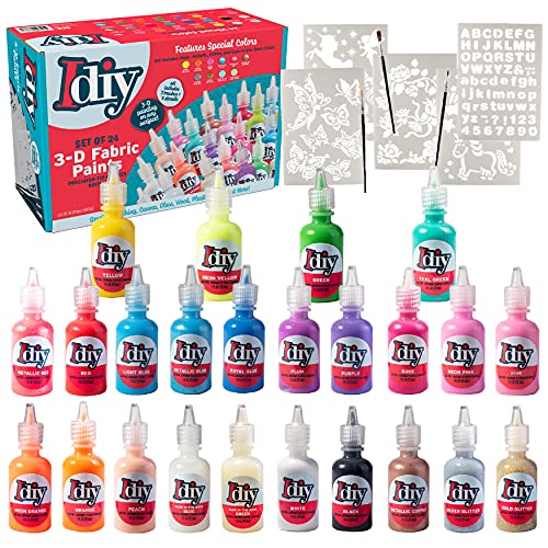 24-Color 3D Fabric Paint Set for Clothes, Canvas & Glass - Permanent Puffy Paint (1oz Bottles) with Neon, Metallic, Glitter & Glow in The Dark Colors - Includes 3 Brushes & 5 Stencils, Non-Toxic