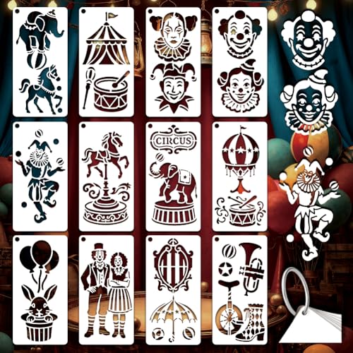 12 Sheets Adventure Circus Stencils for Painting, 12 Styles Plastic Joker Carousel Horse Drawing Template Circus Carnival Art Templates for Painting on Wall Wood Home Decor - style: Adventure Circus