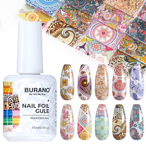 BURANO Nail Art Nail Foil Glue Gel, o.5 oz with 10PCS Foil Stickers Set Nail Foil Glue for Nails Foil Transfer Gel, Nail Design DIY UV LED Lamp Required (Popular Foil 12) - color: Popular Foil 12