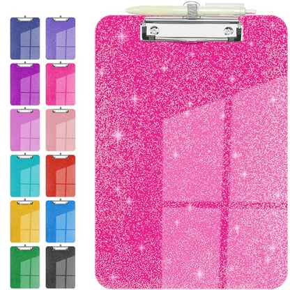 Sparkly Clipboard with Pen Holder, Clear Plastic Glitter Clip Board, Hanging Shiny Clipboards with Low Profile Metal Clip, Letter A4 Size for Taecher Women Office School (Rose Red) - color: Rose Red