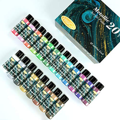 HissiCo Metallic Acrylic Paint Set of Premium 20 Colors, Professional Grade Metallic Paint with 2fl oz（60ml） Bottles, Non-Toxic, Rich Pigments - For Artists, Hobby Painters, Kids - style: 20 Colors