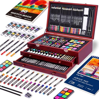 Deluxe Art Set with 2 Drawing Pads, Crayons, Acrylic Paints, Colored Pencils Set in Wooden Case, Professional Art Kit for Adults, Artist and Teens, Paint Supplies