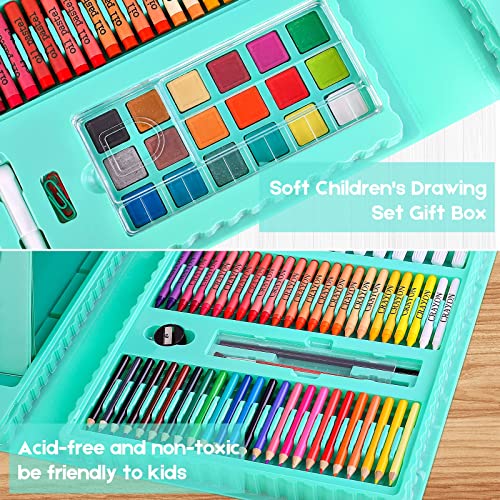 iBayam Art Supplies for Adult, Art Set Case with Trifold Easel, Scratch Paper, Sketch Pad, Coloring Book, Crayons, Pencils, Oil Pastels, Watercolors, Sharpener - color: Green