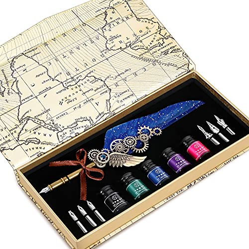 NC Feather Pen Ink Set, Quill Pen Includes 5 Bottles of Ink and 6 Replaceable Nibs, Mechanical Quill Pen for Writing, Letters, Diary, Signing, Invitations (Navy Blue) - color: Blue