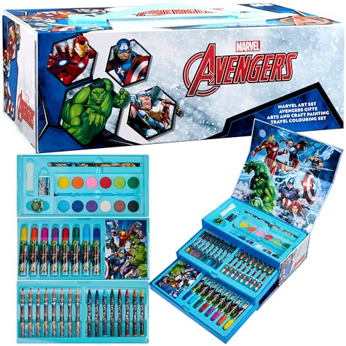 Marvel Art Case for Kids with Colored Pencils Markers Crayons Watercolors Drawing Supplies Travel Art Kit Gifts for Kids (Multicolor Avengers)