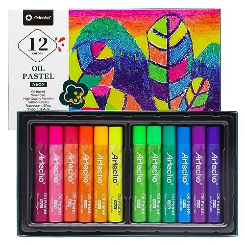 Artecho Neon Oil Pastels Set of 12 Colors (10 x 70 mm) | Soft Oil Pastels, Art Painting, Drawing, Blending - style: 12 Neon Colors