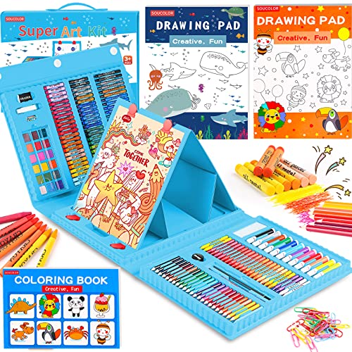 Soucolor Arts and Crafts, 283 Pieces Drawing Set Art Kits with Trifold Easel, 2 Drawing Pads, 1 Activity Coloring Book, Crayons, Oil Pastels, Watercolor Cakes, Colored Pencils, Watercolor Pens - color: Blue