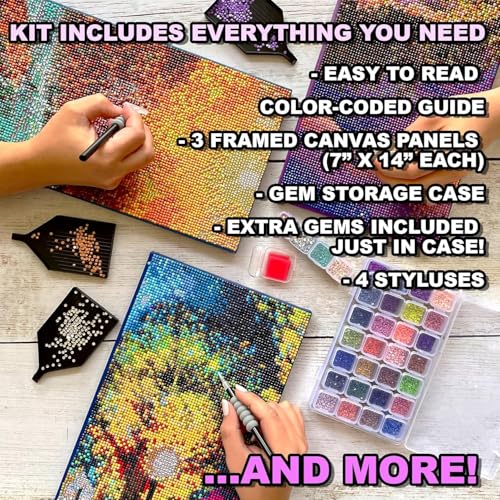 ArtSkills Diamond Painting Kit, Diamond Art Ready to Hang Framed Canvas with Storage and Accessory Kit, Highland Cow, 3 Stretched Canvas Panels, 14” x 7” Each - color: Highland Cow